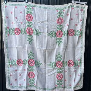 Vintage Handmade Pink Green Flowers Floral Embroidered Square Tablecloth